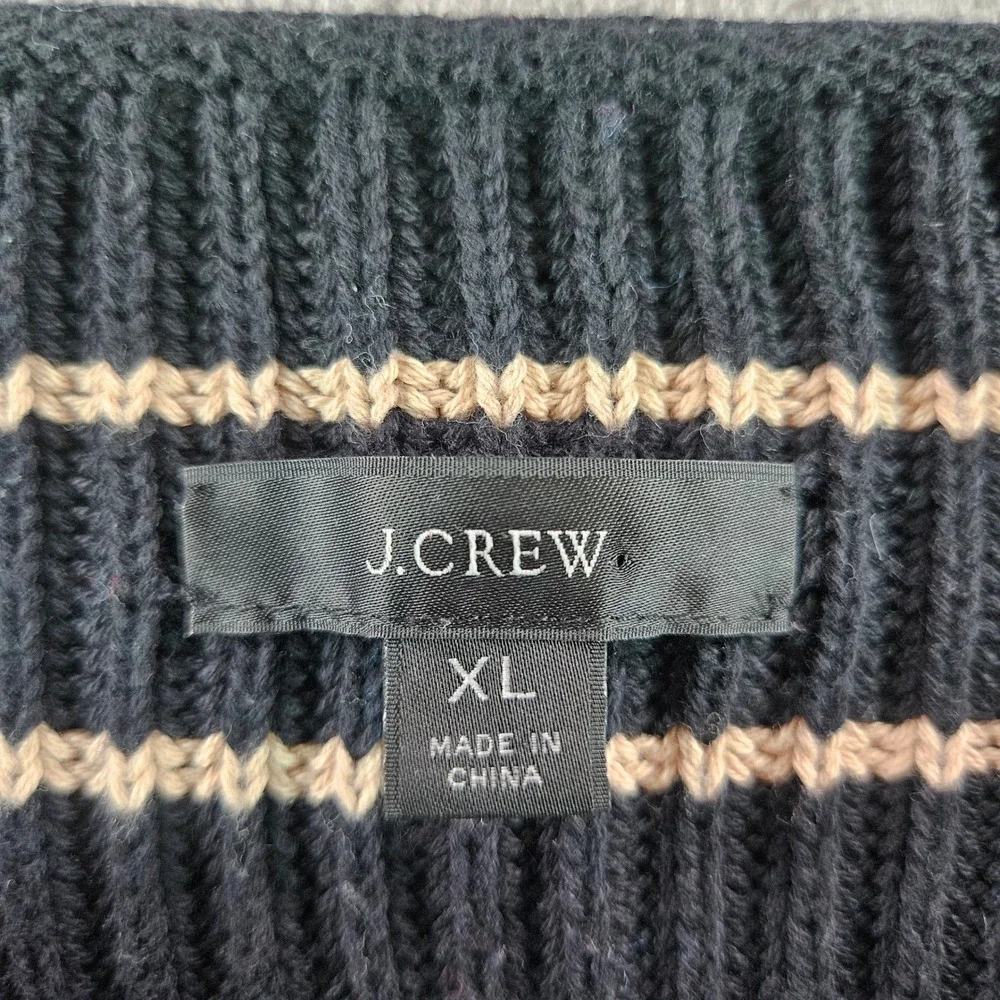 J.Crew Mens XL Striped Ribbed Cotton Crewneck Sweater Black Tan Long Sleeve